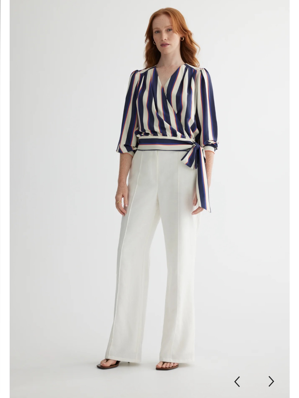 Iris Setlakwe Crisscross 3-4 Sleeve Navy, White & Red Striped Wrap Blouse 6 Nwt